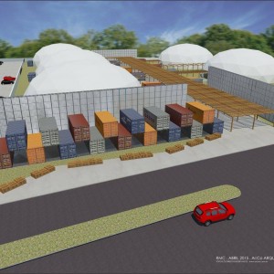 Praça de Acesso com bancos de paletes e containers destinados a organização dos eventos. Eixo de circulação e conexão com pergolado de madeira certificada desmontável. Iluminação externa através de caixas d’água de IBC. 05 Tendas Bolhas com capacidade de palestras para 600 pessoas cada. Estacionamento para 350 vagas. (Ar:Co – Arquitetura Cooperativa).