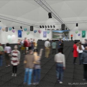 Tenda bolha, espaço destinado a realização de eventos para 600 pessoas. (Ar:Co – Arquitetura Cooperativa).