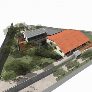 Vista geral do projeto de reforma e ampliação do Centro Cultural Popular Fé e Alegria no bairro do Grajaú – SP.  Em primeiro plano o  edifício existente. (Arquitetura Cooperativa).