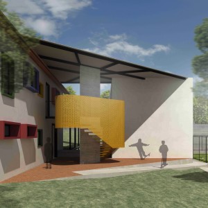 A conexão ente o novo e antigo edifício se dá por uma passarela coberta eservida de uma escada mirante. (Ar:Co – Arquitetura Cooperativa).