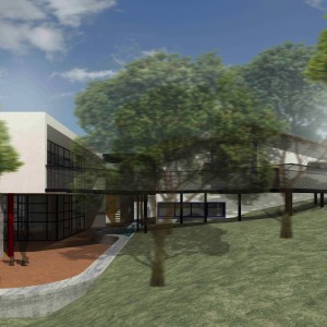 A passarela de conexão liga os edifícios e os diferentes níveis que a topografia proporciona. (Ar:Co – Arquitetura Cooperativa).