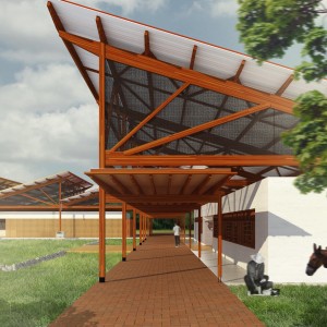 Etapa 1: Eixo estrututrador de tijolos de solocimento intertravado, conexação entre os edifícios propostos. (Ar:Co – Arquitetura Cooperativa).