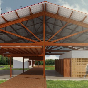 Etapa 1: Optou-se pela estrututa em MLC – Madeira Laminada Colada, Alvenarias em Steel Frame, Elementos vazados de Solocimento, Pisos de Concreto Queimado e Tijolos de Solocimento Intertravados. A cobertura é em telha trapezoidal Termo-Acústica. (Ar:Co – Arquitetura Cooperativa).