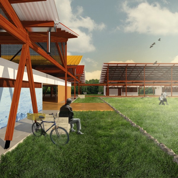 Etapa 1: As pinturas são caidas, remetendo a tradição local e as praças demarcadas por muros de arrimo de concreto ciclópico. (Arquitetura Cooperativa).