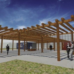 Pergolado de madeira certificada desmontável e bancos de paletes . (Ar:Co – Arquitetura Cooperativa).