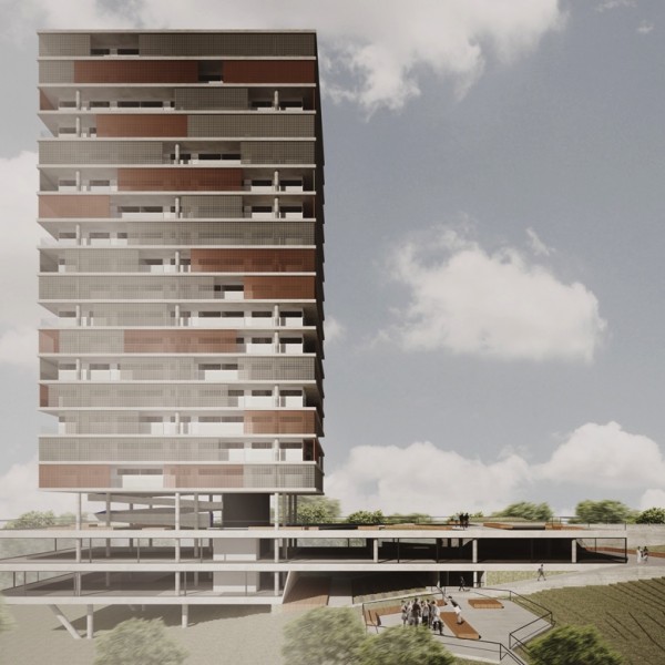 Vista lateral do edifício proposto. (Ar:Co – Arquitetura Cooperativa).