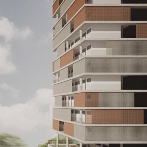 Detalhe dos elementos vazados de concreto e de cerâmica utilizados para a proteção térmica e criação de indentidade visual. (Ar:Co – Arquitetura Cooperativa).