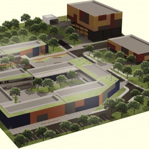 iVista Geral do Projeto desenvolvido para o CEU de Ribeirão Pires – SP com o Bloco Educacional em primeiro plano, Ginásio de Esportes, Biblioteca e Teatro/Planetário. (Ar:Co – Arquitetura Cooperativa).