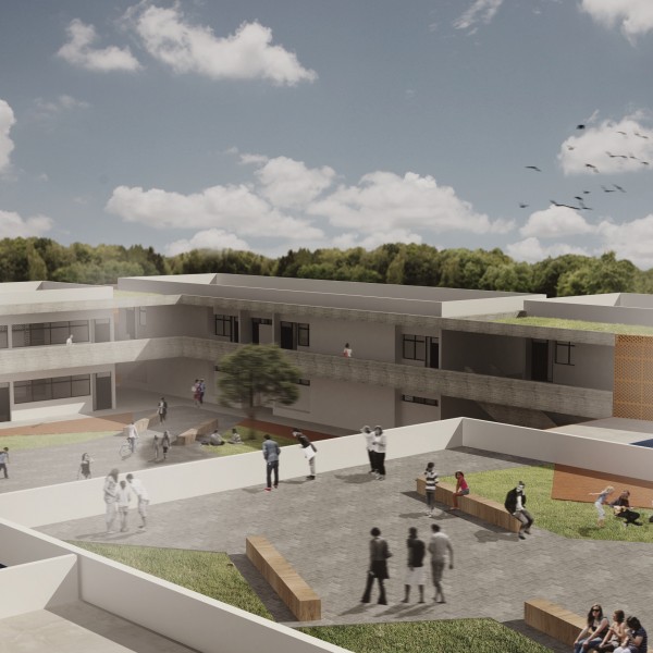 Vista da Praça Mirante para o Pátio Descoberto / Recreativo. (Ar:Co – Arquitetura Cooperativa).