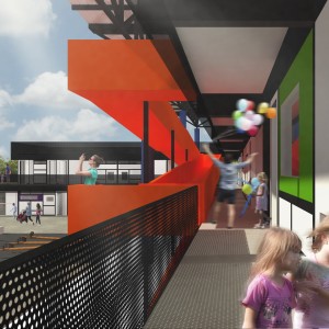 Os corredores de acesso se tornam extensões das salas de aula, brincando com cores e aberturas liberando as visuais na altura dos olhares das crianças. (Ar:Co – Arquitetura Cooperativa).