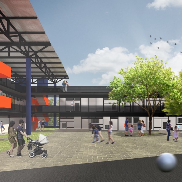 Os pilares / condutores de águas pluviais e os reservatórios serão pintados de azul para chamarem a atenção dos usuários para o sistema de captação e reúso de água. (Ar:Co – Arquitetura Cooperativa).