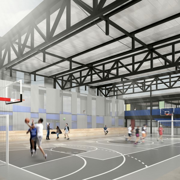 O pátio coberto abrigará a quadra poliesportiva que em momento especiais poderá ser ocupada por festas típicas da comunidade. (Ar:Co – Arquitetura Cooperativa).