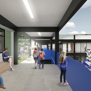 Criamos corredores de acesso e conexão generosos que se tornam extensões da sala de aula, que podem abrigar exposições, com vista para os pátios, uma trilha lúdica que alinhará todos os espaços do CEF. (Ar:Co – Arquitetura Cooperativa).