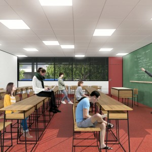 Todas as salas de aula terão aberturas em fachadas opostas, permitindo a ventilação cruzada e a renovação adequada do ar interno. As folhas das portas deverão ser executadas em madeira compensada, semi-ôca, revestidas com laminado melamínico colorido, mesma cor dos pisos de granilite das salas, criando uma identidade visual. (Ar:Co – Arquitetura Cooperativa).