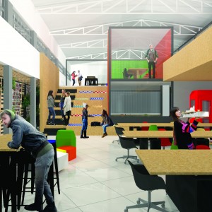 O design priorizou a transparência, liberdade entre os espaços e a utilização de mobiliários coloridos e reutilizados. As telhas metálicas coloridas também são utilizadas internamente como divisórias dos ambientes. (Ar:Co – Arquitetura Cooperativa).