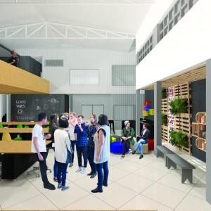 Interação, criação e flexibilidade nortearam a nossa proposta. Ao fundo a telha metálica galvanizada perfurada foi utilizada como elemento estético, isolando as salas privativas da visão dos transeuntes, permitindo quem esta dentro delas tenha a visão do lado externo protegendo a sua intimidade. (Ar:Co – Arquitetura Cooperativa).