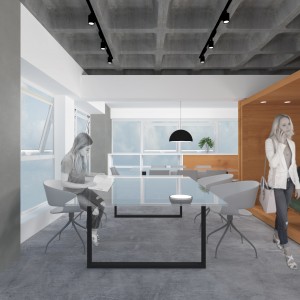 Vista da Sala Trabalho Equipe com a de Reuniões integradas. (Ar:Co – Arquitetura Cooperativa).