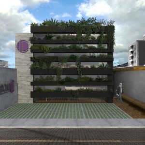 Opção 1: Vista da fachada proposta com panos de vidros com dimensões alternadas protegidos na visão do observador por um grafismo que cumpre além de uma função estética a de filtro dos olhares externos, compostas também por paredes de empenas de concreto sarrafeado e queimado além do estacionamento que quando não utilizado por veículos cumprirá a função de uma praça de acesso. (Ar:Co – Arquitetura Cooperativa).