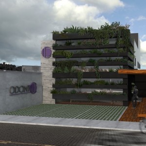 Opção 1: Vista da fachada proposta e do acesso coberto ao edifício em piso de madeira e pergolado de ripado de madeira. (Ar:Co – Arquitetura Cooperativa)