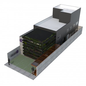 Opção 1: Vista superior da proposta de intervenção o edifício cinza ao fundo é existente e passará por uma remodelação proposta pelo nosso escritório. (Ar:Co – Arquitetura Cooperativa).