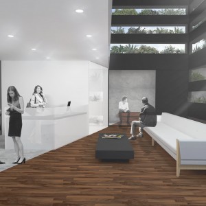 Opção 1: Vista da recepção, financeiro e estar do consultório. (Ar:Co – Arquitetura Cooperativa).