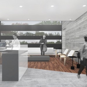 Opção 1: Vista da recepção para a área de estar do consultório. (Ar:Co – Arquitetura Cooperativa).