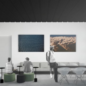 Opção 1: Vista da sala de cursos do pavimento superior, é importante ressaltar que o espaço também servirá de área de estar. (Ar:Co – Arquitetura Cooperativa).