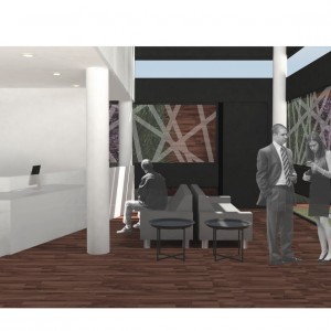 Opção 2: Vista da recepção, financeiro e estar do consultório. (Ar:Co – Arquitetura Cooperativa).