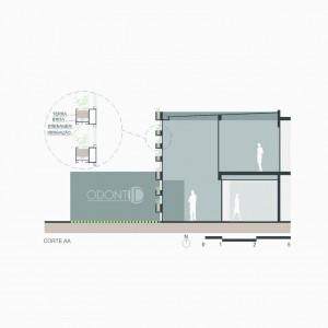 Opção 1: Corte da área proposta e o detalhe do brise vegetal proposto. (Ar:Co – Arquitetura Cooperativa).