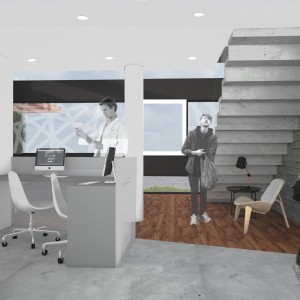 Opção 2: Vista da recepção para a área de estar do consultório. (Ar:Co – Arquitetura Cooperativa).