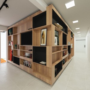 Detalhe da estante da Sala de Estar/Espera do edifício existente. (Ar:Co – Arquitetura Cooperativa).