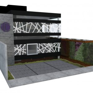 Opção 2: Vista da fachada proposta e do acesso coberto ao edifício em piso de madeira e pergolado de ripado de madeira. A parede lateral de acesso é composta por jardim vertical. (Ar:Co – Arquitetura Cooperativa)