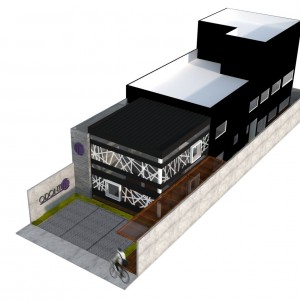 Opção 2: Vista superior da proposta de intervenção, o edifício preto ao fundo é existente e passará por uma remodelação proposta pelo nosso escritório. (Ar:Co – Arquitetura Cooperativa).