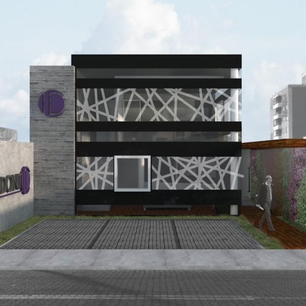 Opção 2: Vista da fachada proposta com brises vegetais, empenas de concreto sarrafeado e queimado além da praça de acesso (gentileza urbana). (Ar:Co – Arquitetura Cooperativa)