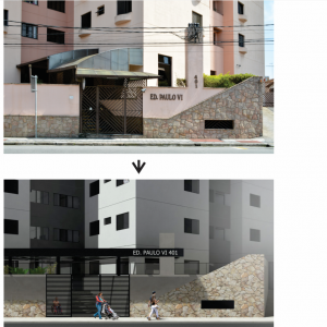 Antes e depois da nossa proposta, acesso ao edifício. (Ar:Co – Arquitetura Cooperativa).