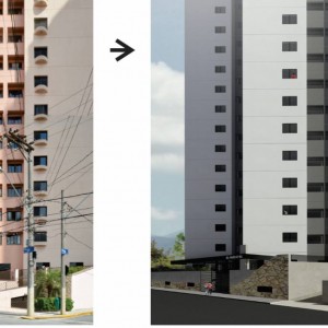 Antes e depois da nossa proposta, estudo cromático do edifício. (Ar:Co – Arquitetura Cooperativa).