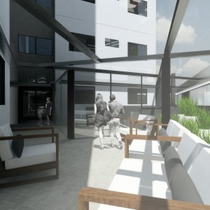 Proposta da área de estar / hall de entrada do acesso ao edifício, opção 2. (Ar:Co – Arquitetura Cooperativa).