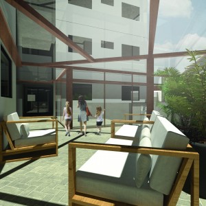 Proposta da área de estar / hall de entrada do acesso ao edifício, opção 1. (Ar:Co – Arquitetura Cooperativa).