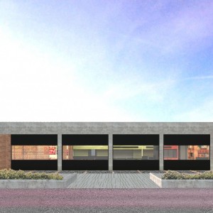 Vista do estacionamento para a fachada lateral. (Ar:Co – Arquitetura Cooperativa).