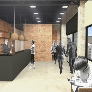 Vista da recepção / caixa. (Ar:Co – Arquitetura Cooperativa).