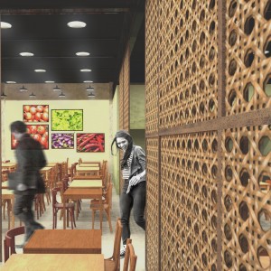 Vista do salão e divisórias. (Ar:Co – Arquitetura Cooperativa).