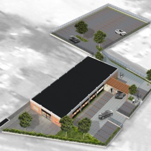 Vista aérea da implantação no terreno e estacionamento . (Ar:Co – Arquitetura Cooperativa).