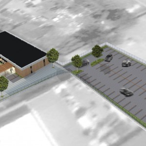 Segunda vista aérea da implantação no terreno e estacionamento . (Ar:Co – Arquitetura Cooperativa).