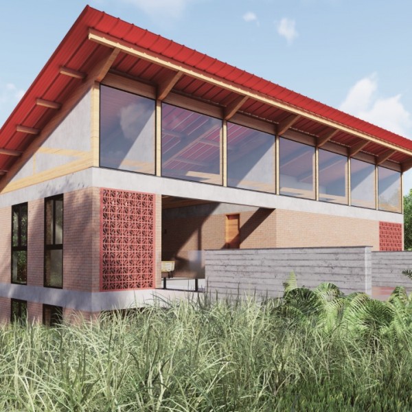 Vista da fachada frontal e lateral esquerda. (Ar:Co – Arquitetura Cooperativa),