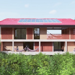 Vista da fachada posterior. (Ar:Co – Arquitetura Cooperativa),