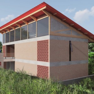 Vista da fachada frontal e lateral direita. (Ar:Co – Arquitetura Cooperativa),