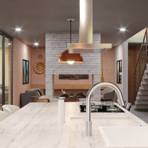 Vista da Cozinha para a Sala de Estar. (Ar:Co – Arquitetura Cooperativa),