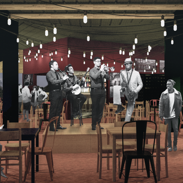 Palco visto do Salão. (Ar:Co-Arquitetura Cooperativa).