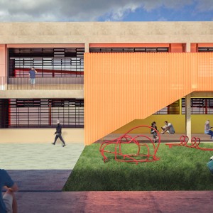 Vista do pátio descoberto de acesso a escola. (Ar:Co – Arquitetura Cooperativa).