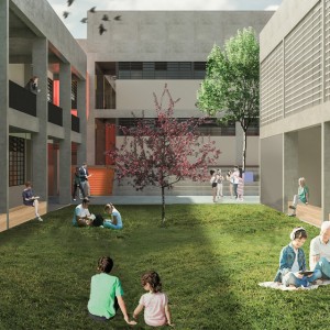 Vista do pátio descoberto, parque infantil e arquibancada. (Ar:Co – Arquitetura Cooperativa).